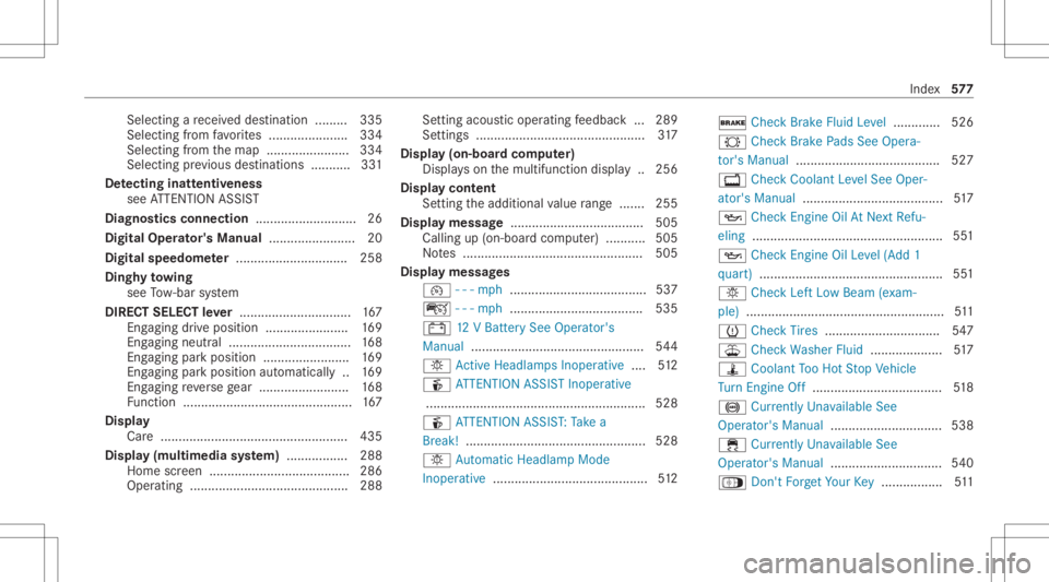 MERCEDES-BENZ GLC 2020  Owners Manual Sel
ecting are cei veddes tination .........3 35
Selecti ngfrom favo rite s ......................3 34
Selecti ngfrom themap ....................... 334
Select ingprev ious destination s...........3 3