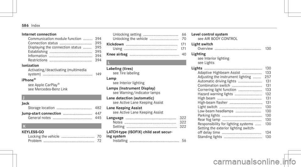 MERCEDES-BENZ GLC 2020  Owners Manual Int
erne tconnect ion
Comm unicationmod ulefunction .... .....3 94
Con nection status .......................... .....3 95
Displ aying thecon nect ionstatus ........ 395
Es tablishing ........ .......