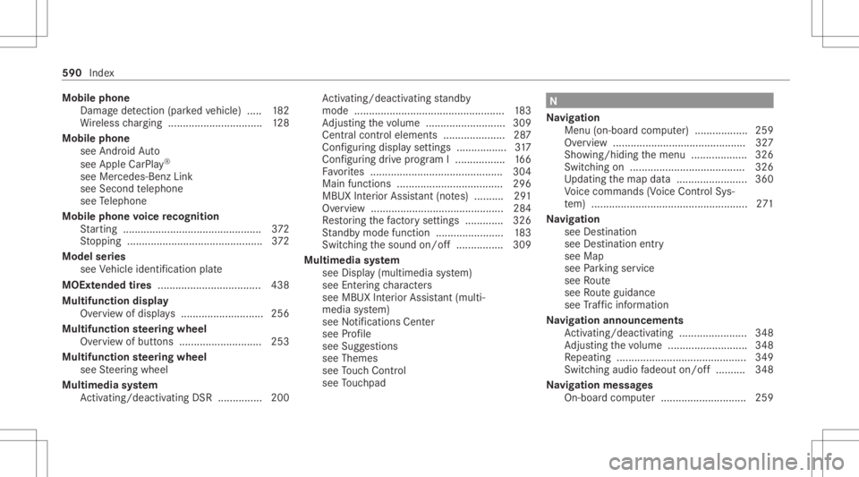 MERCEDES-BENZ GLC 2020  Owners Manual Mobi
lephone
Damag ede tection (parked vehicle) ..... 182
Wi reless chargin g................................ 128
Mobi lephone
see Andr oidAuto
see Apple CarPla y®
see Mercedes-Benz Link
see Second t