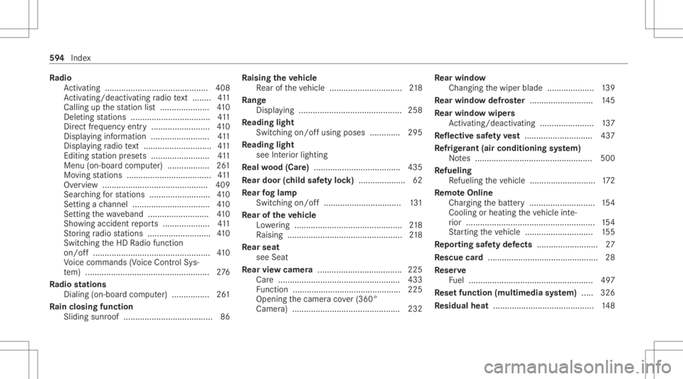 MERCEDES-BENZ GLC 2020  Owners Manual Ra
dio
Ac tivati ng ........... ................................. 408
Ac tivati ng/d eactiv ating radio text ........ 411
Callin gup thest atio nlis t.....................4 10
Del eting statio ns.....