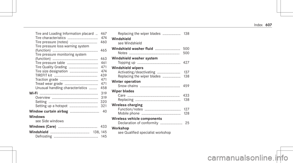 MERCEDES-BENZ GLC 2020  Owners Manual Ti
re and Loadi ngInfo rm atio nplacar d.. 467
Ti re charact eristic s........................ ...... 474
Ti re pressur e(no tes) ........................... 460
Ti re pressur eloss warning system
(fu