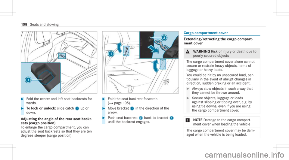 MERCEDES-BENZ GLC 2021 Owners Manual #
Foldthecent erand leftseat backres ts for‐
wa rds. #
Toloc kor unloc k:slide catch1 upor
do wn.
Ad jus tingthe angleof the rear seat backr‐
es ts (car go posi tion)
To enlar gethecar gocom partm MERCEDES-BENZ GLC 2021 Owners Manual #
Foldthecent erand leftseat backres ts for‐
wa rds. #
Toloc kor unloc k:slide catch1 upor
do wn.
Ad jus tingthe angleof the rear seat backr‐
es ts (car go posi tion)
To enlar gethecar gocom partm