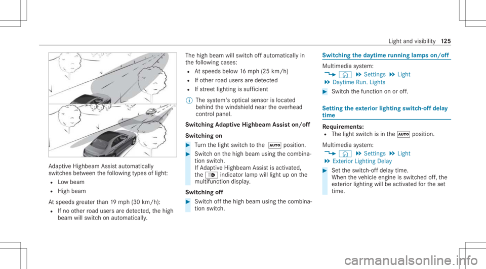 MERCEDES-BENZ GLC 2021 Owners Manual Ad
aptiveHig hbeam Assis taut omat ically
swit ches between thefo llo wing types oflight :
R Lowbeam
R High beam
At speeds great erthan 19 mp h(3 0km/h):
R Ifno other road user sar ede tected, thehigh MERCEDES-BENZ GLC 2021 Owners Manual Ad
aptiveHig hbeam Assis taut omat ically
swit ches between thefo llo wing types oflight :
R Lowbeam
R High beam
At speeds great erthan 19 mp h(3 0km/h):
R Ifno other road user sar ede tected, thehigh