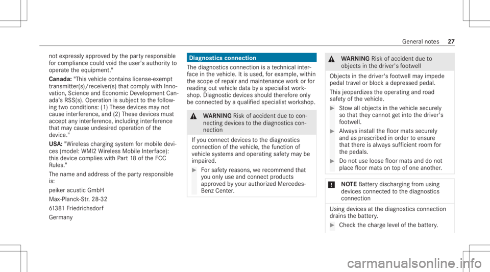 MERCEDES-BENZ GLC 2021  Owners Manual no
tex pressl yappr ovedby thepar tyresponsible
fo rcom pliance could void theuser's author ityto
oper ateth eeq uipment. "
Canada :"This vehicle contains license-e xemp t
tr ans mitter( s