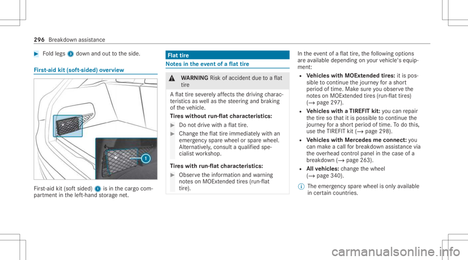 MERCEDES-BENZ GLC 2021 Owners Manual #
Foldlegs 3down and outtotheside. Fi
rs t-aid kit(sof t-si ded) overview Fir
st-ai dkit (softsided) 1isin thecar gocom‐
par tmen tin thelef t-hand stor ag ene t. Flat
tire No
tesin theeve ntofaflat MERCEDES-BENZ GLC 2021 Owners Manual #
Foldlegs 3down and outtotheside. Fi
rs t-aid kit(sof t-si ded) overview Fir
st-ai dkit (softsided) 1isin thecar gocom‐
par tmen tin thelef t-hand stor ag ene t. Flat
tire No
tesin theeve ntofaflat