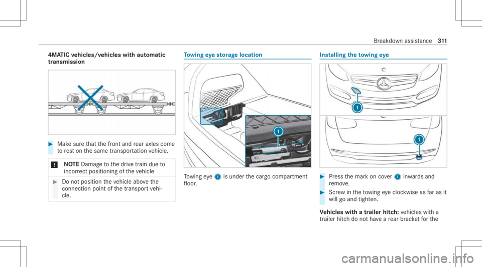 MERCEDES-BENZ GLC 2021 Owners Manual 4MA
TICvehicl es/vehicl eswith automatic
tr ansmiss ion #
Mak esur eth at thefront and rear axle scom e
to rest on thesame transpor tatio nve hicle.
* NO
TEDama getothedr ive train due to
inc orrect p MERCEDES-BENZ GLC 2021 Owners Manual 4MA
TICvehicl es/vehicl eswith automatic
tr ansmiss ion #
Mak esur eth at thefront and rear axle scom e
to rest on thesame transpor tatio nve hicle.
* NO
TEDama getothedr ive train due to
inc orrect p