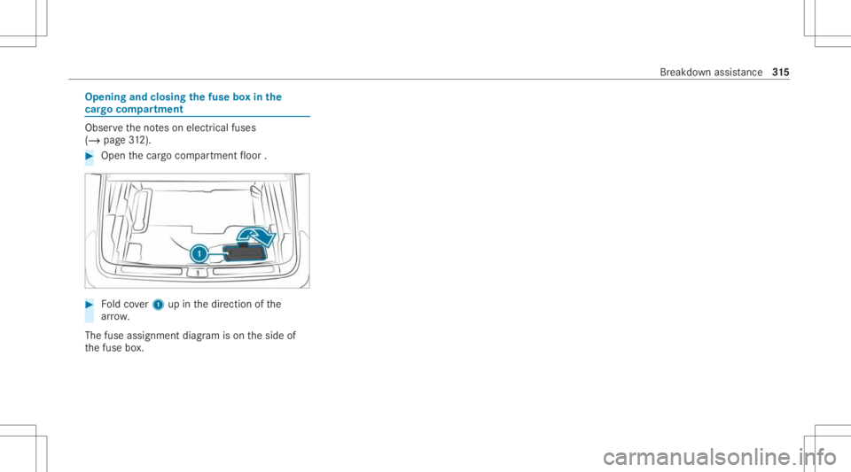 MERCEDES-BENZ GLC 2021 Owners Manual Opening
andclosing thefus ebo xin the
car gocom partmen t Ob
serveth eno teson electr icalfuses
(/ page31 2). #
Open thecar gocom partmen tfloor . #
Foldcover1 upinthedir ect ion ofthe
ar row .
The fu MERCEDES-BENZ GLC 2021 Owners Manual Opening
andclosing thefus ebo xin the
car gocom partmen t Ob
serveth eno teson electr icalfuses
(/ page31 2). #
Open thecar gocom partmen tfloor . #
Foldcover1 upinthedir ect ion ofthe
ar row .
The fu