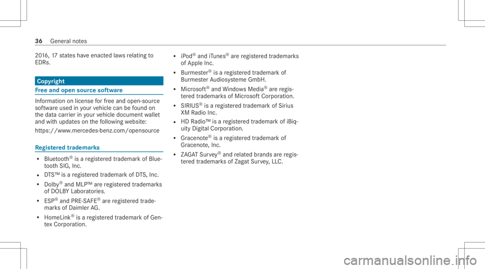 MERCEDES-BENZ GLC 2021  Owners Manual 20
16 ,17 stat es have enact edlaws relatin gto
EDRs . Co
pyright Fr
ee and open sourcesof tware In
fo rm atio non lice nsefo rfr ee and open-sou rce
sof twareused inyour vehicle canbefound on
th edat