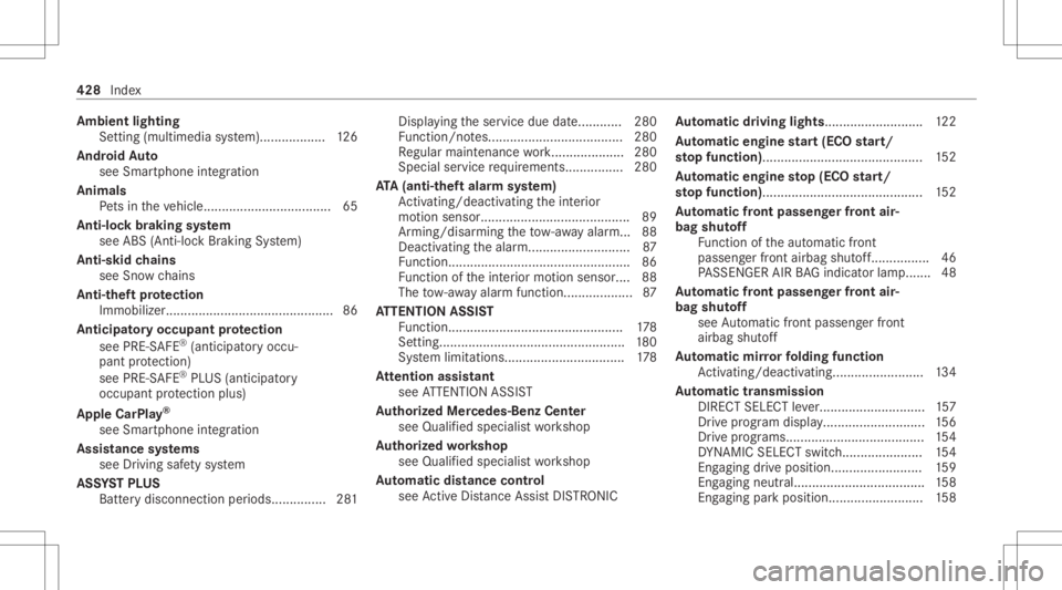 MERCEDES-BENZ GLC 2021 Owners Manual Amb
ientlighting
Se tting (mult imediasystem).. ................1 26
Andr oidAuto
see Smar tphone integr ation
Animals Pets intheve hicle ................................... 65
Anti-loc kbr aking syst MERCEDES-BENZ GLC 2021 Owners Manual Amb
ientlighting
Se tting (mult imediasystem).. ................1 26
Andr oidAuto
see Smar tphone integr ation
Animals Pets intheve hicle ................................... 65
Anti-loc kbr aking syst