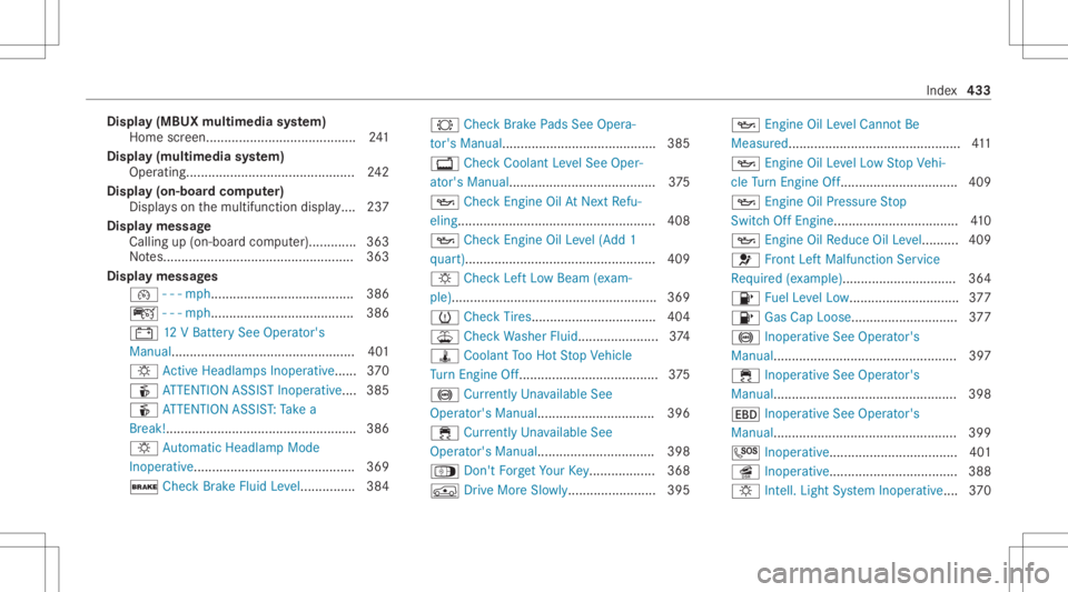 MERCEDES-BENZ GLC 2021 Owners Manual Disp
lay(MB UXmultim edi asy stem)
Hom escr een.. .......................................2 41
Disp lay(m ult imedi asy stem)
Operating. ...... .......................................2 42
Di spla y(on MERCEDES-BENZ GLC 2021 Owners Manual Disp
lay(MB UXmultim edi asy stem)
Hom escr een.. .......................................2 41
Disp lay(m ult imedi asy stem)
Operating. ...... .......................................2 42
Di spla y(on