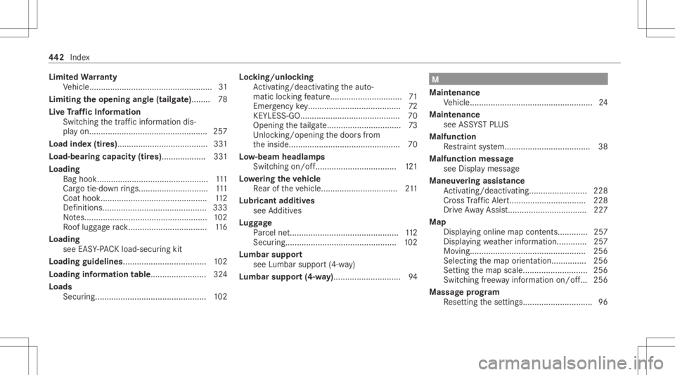 MERCEDES-BENZ GLC 2021 Owners Manual Limit
edWa rranty
Ve hicle. ....................................................3 1
Limit ingtheopenin gang le(tailg ate)........ 78
Liv eTr af fic Inf orma tion
Swit ching thetra ffic inf ormatio ndi MERCEDES-BENZ GLC 2021 Owners Manual Limit
edWa rranty
Ve hicle. ....................................................3 1
Limit ingtheopenin gang le(tailg ate)........ 78
Liv eTr af fic Inf orma tion
Swit ching thetra ffic inf ormatio ndi