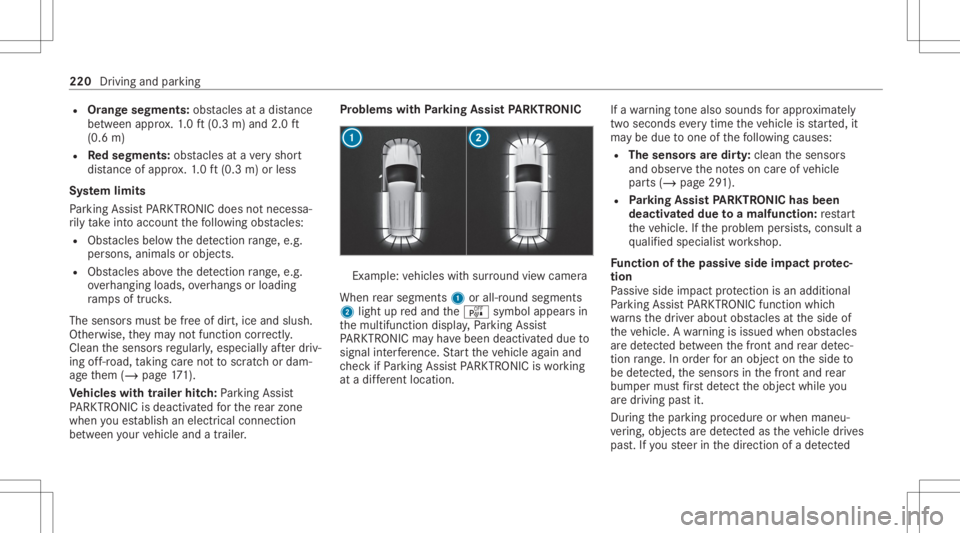 MERCEDES-BENZ GLC 2022 Owners Manual R
Orang esegments: obstacle sat adi st anc e
be tween appr ox.1. 0 ft (0.3 m)and 2.0ft
(0.6 m)
R Redse gme nts: obstacle sat ave ry shor t
dis tance ofapprox .1. 0 ft (0.3 m)orless
Sy stem limit s
Pa MERCEDES-BENZ GLC 2022 Owners Manual R
Orang esegments: obstacle sat adi st anc e
be tween appr ox.1. 0 ft (0.3 m)and 2.0ft
(0.6 m)
R Redse gme nts: obstacle sat ave ry shor t
dis tance ofapprox .1. 0 ft (0.3 m)orless
Sy stem limit s
Pa