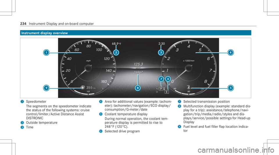 MERCEDES-BENZ GLC 2022 Owners Manual Ins
trum ent displa yove rview 1
Speedo meter
The segment son thespeedome terindica te
th est atus ofthefo llo wing systems: cruise
con trol/limit er/Active Dis tance Assist
DIS TRONI C
2 Outside temp MERCEDES-BENZ GLC 2022 Owners Manual Ins
trum ent displa yove rview 1
Speedo meter
The segment son thespeedome terindica te
th est atus ofthefo llo wing systems: cruise
con trol/limit er/Active Dis tance Assist
DIS TRONI C
2 Outside temp