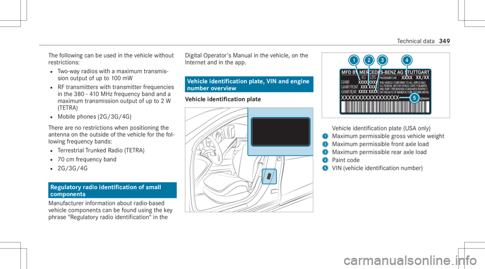 MERCEDES-BENZ GLC 2022 Owners Manual The
follo wing canbeused intheve hicle without
re strictions :
R Two-w ayradios withamaximum transmis ‐
sion output ofup to100mW
R RFtransmi tter swit htransmi tter freq uenci es
in the380 -41 0MHz MERCEDES-BENZ GLC 2022 Owners Manual The
follo wing canbeused intheve hicle without
re strictions :
R Two-w ayradios withamaximum transmis ‐
sion output ofup to100mW
R RFtransmi tter swit htransmi tter freq uenci es
in the380 -41 0MHz