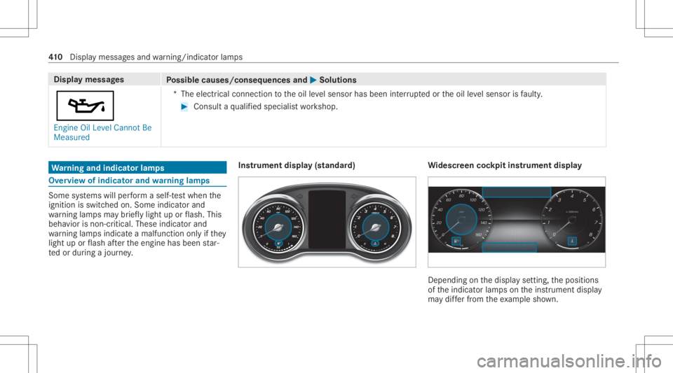 MERCEDES-BENZ GLC 2022 Owners Manual Disp
laymes sages
Possible causes/conseq uencesand0050 0050
Solutions
00B3 En gine OilLevel Cannot Be
Measured *T
heelectr icalconn ection totheoil leve lsen sor has been interru pte dor theoil leve l MERCEDES-BENZ GLC 2022 Owners Manual Disp
laymes sages
Possible causes/conseq uencesand0050 0050
Solutions
00B3 En gine OilLevel Cannot Be
Measured *T
heelectr icalconn ection totheoil leve lsen sor has been interru pte dor theoil leve l
