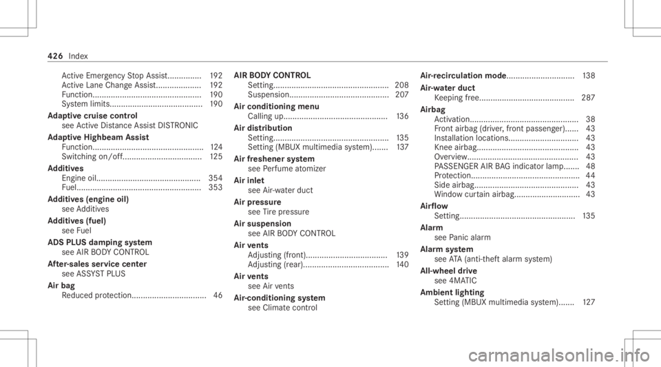 MERCEDES-BENZ GLC 2022  Owners Manual Ac
tiveEmerg encyStop Assis t............... 192
Ac tiveLa ne Chang eAssi st<0011001100110011001100110011001100110011001100110011001100110011
0011001100110011> 192
Fu nctio n...<0011001100110011001100