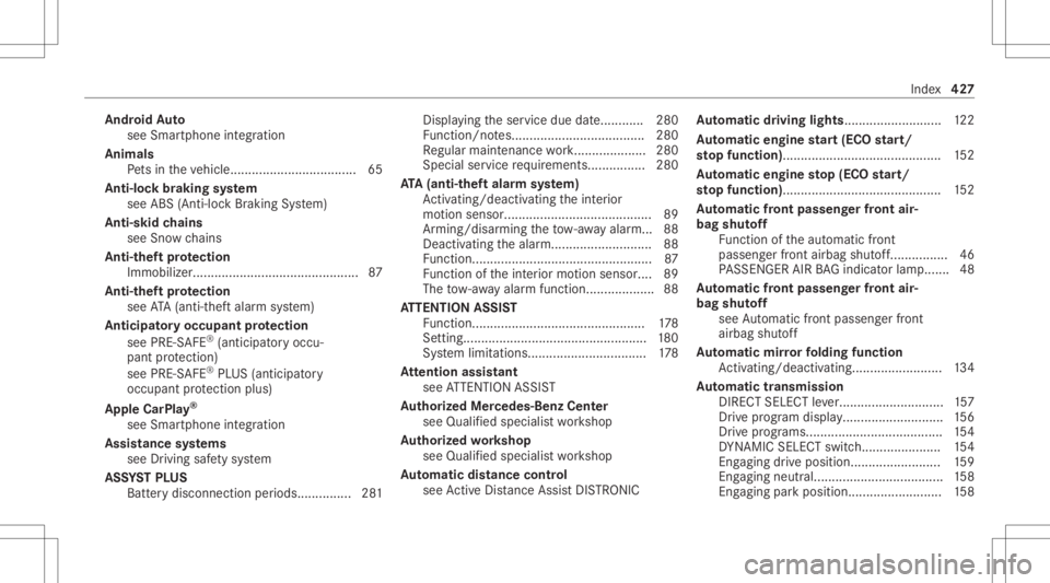 MERCEDES-BENZ GLC 2022  Owners Manual Andr
oidAuto
see Smar tphone integr ation
Animals Pets intheve hicle ................................... 65
Anti-loc kbr aking system
see ABS(An ti-loc kBr akin gSy stem)
Anti-skid chains
see Snowch a