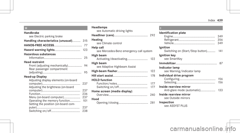 MERCEDES-BENZ GLC 2022 Owners Manual H
Handbr ake
see Electr icpar king brak e
Handlin gch aract eristics (unus ual)....... ...315
HANDS -FREEACCESS .................................. 77
Hazar dwa rning light s........................... MERCEDES-BENZ GLC 2022 Owners Manual H
Handbr ake
see Electr icpar king brak e
Handlin gch aract eristics (unus ual)....... ...315
HANDS -FREEACCESS .................................. 77
Hazar dwa rning light s...........................