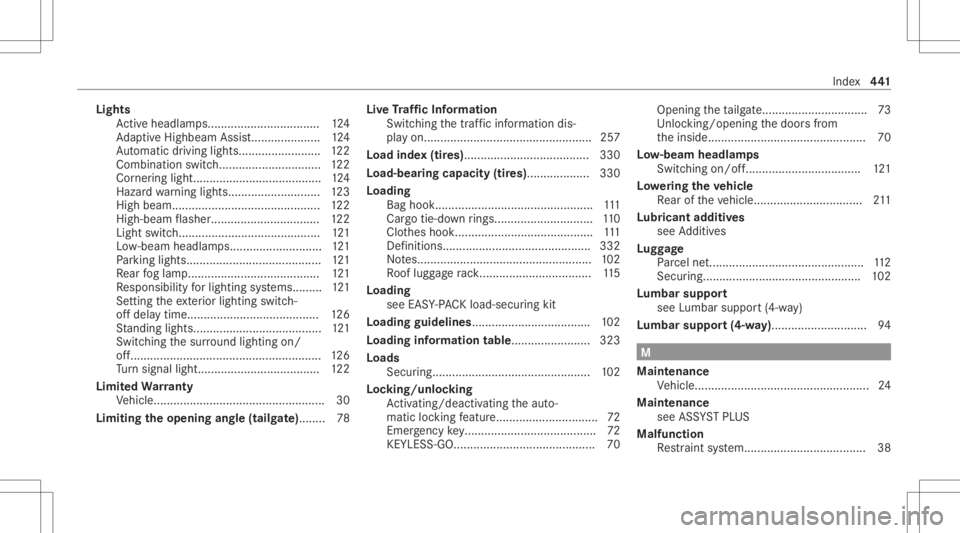 MERCEDES-BENZ GLC 2022  Owners Manual Light
s
Ac tivehe adlamp s.................................. 124
Ad aptiveHig hbeam Assis t..................... 124
Au tomatic driving lights.... .....................1 22
Comb inationswi tch........