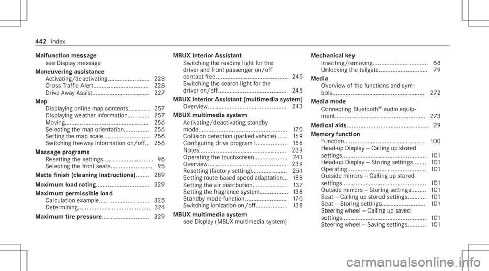 MERCEDES-BENZ GLC 2022  Owners Manual Malfunc
tionmessag e
see Displa ymessa ge
Maneuv ering assis tance
Ac tivati ng/d eactiv ating........... ..............228
Cr oss Traf fic Aler <005700110011001100110011001100110011001100110011001100