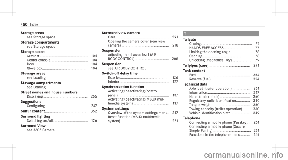 MERCEDES-BENZ GLC 2022  Owners Manual St
orag ear eas
see Stor ag espace
St orag ecom partmen ts
se eSt or ag espace
St orag espa ce
Ar mr est................ .................................1 04
Cent erconsole ..........................