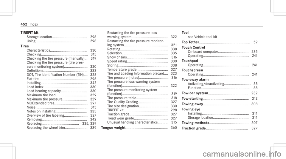 MERCEDES-BENZ GLC 2022  Owners Manual TIRE
FITkit
St or ag elocation... ................................. 298
Using.. ...... ....................................... ...... 298
Ti re s
Charact eristic s.....................................