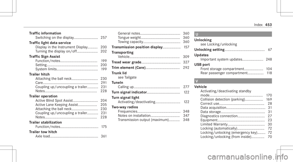 MERCEDES-BENZ GLC 2022  Owners Manual Tr
af fic inf orma tion
Swit ching onthedispla y.................. ...... 257
Tr af fic ligh tda ta ser vice
Dis playin theIns trument Display..........2 00
Tu rning thedispla yon/ off................