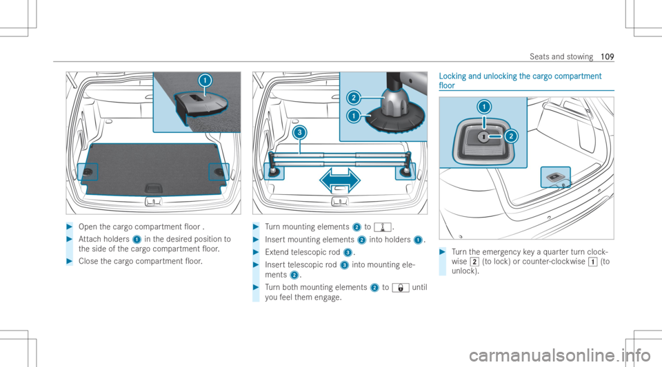 MERCEDES-BENZ GLC COUPE 2023  Owners Manual #
Open thecar gocom partment 0oor. #
Attach holder s1 inthedesir edposition to
th eside ofthecar gocom partment 0oor. #
Close thecar gocom partment 0oor. #
Turn mounti ngelement s2 to006E . #
Inser