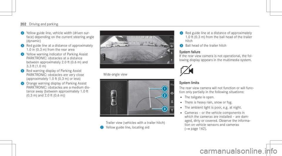 MERCEDES-BENZ GLC COUPE 2023  Owners Manual 2
Yellowguide line,vehicle width(dr iven sur-
fa ce) depen dingonthecur rent steer ing angle
(d yna mic )
3 Redguide lineatadist ance ofappr oximat ely
1.0 in(0.3 m)from there ar area
4 Yellowwa rning