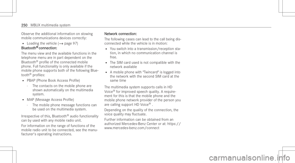 MERCEDES-BENZ GLC COUPE 2023  Owners Manual Obser
vetheadditional information onstow ing
mobile communications devices correctl y:
R Loading theve hicle (/page97)
Blu et Blue
too th oo
th® ®
conn ection: conn
ection:
The menu viewand theav ai
