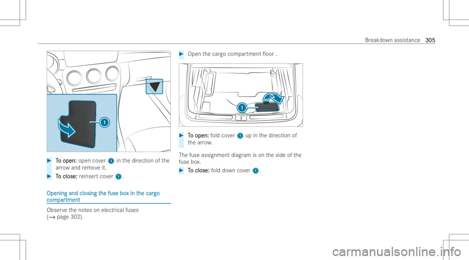 MERCEDES-BENZ GLC COUPE 2023  Owners Manual #
T T
o open: o
open: opencover1 inthedir ection ofthe
ar ro w and remo veit. #
T T
o close: o
close: reinser tco ver1. Opening
andclosing t Opening
andclosing the fuse bo he
fuse boxin t x
in the car