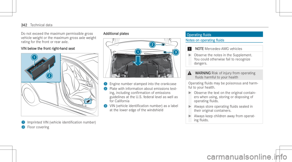 MERCEDES-BENZ GLC COUPE 2023  Owners Manual Do
notex ceed themaximum permissible gross
ve hicle weight orthemaximum gross axle weight
ra ting forth efront orrear axle.
VIN belo VIN
belo wt w
the fr he
front r ont
right -han dseat ight
-han dsea