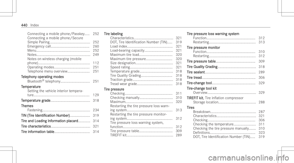 MERCEDES-BENZ GLC COUPE 2023  Owners Manual Connecting
amobile phone/P asskey..... 252
Connecti ngamobi lepho ne/Secur e
Sim plePairing........ ................................252
Emer gency call.............. ........................260
Menu .