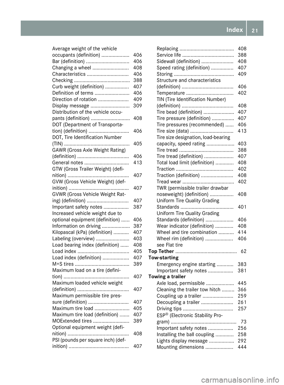 MERCEDES-BENZ GLE 2016 Owners Manual Average weight of the vehicle
occupants (definition) .................... 406
Bar (definition) ............................... 406
Changing a wheel .......................... 408
Characteristics ..... MERCEDES-BENZ GLE 2016 Owners Manual Average weight of the vehicle
occupants (definition) .................... 406
Bar (definition) ............................... 406
Changing a wheel .......................... 408
Characteristics .....
