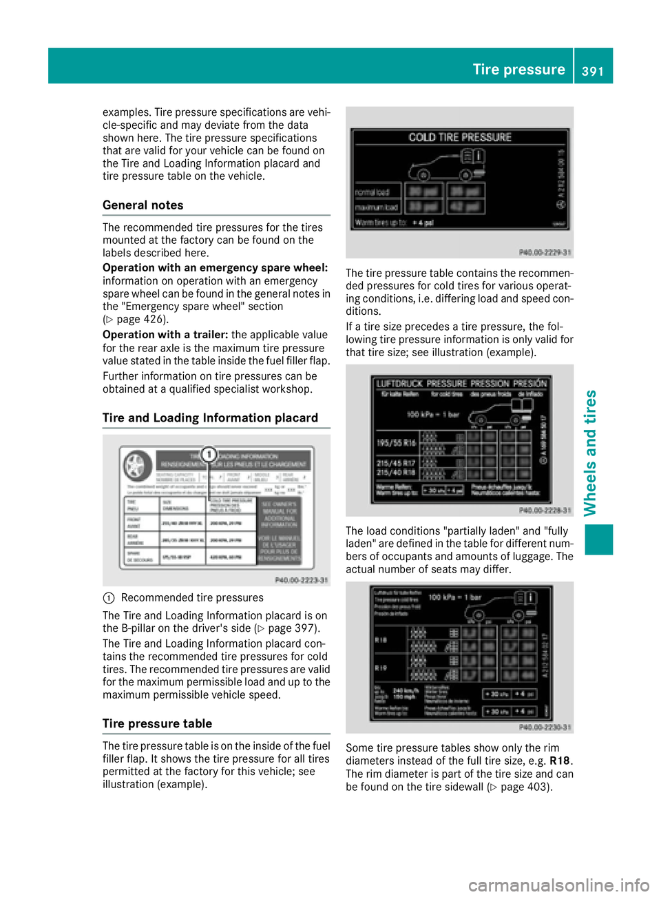 MERCEDES-BENZ GLE 2016 Owners Manual examples. Tire pressure specifications are vehi-
cle-specific and may deviate from the data
shown here. The tire pressure specifications
that are valid for your vehicle can be found on
the Tire and Lo MERCEDES-BENZ GLE 2016 Owners Manual examples. Tire pressure specifications are vehi-
cle-specific and may deviate from the data
shown here. The tire pressure specifications
that are valid for your vehicle can be found on
the Tire and Lo