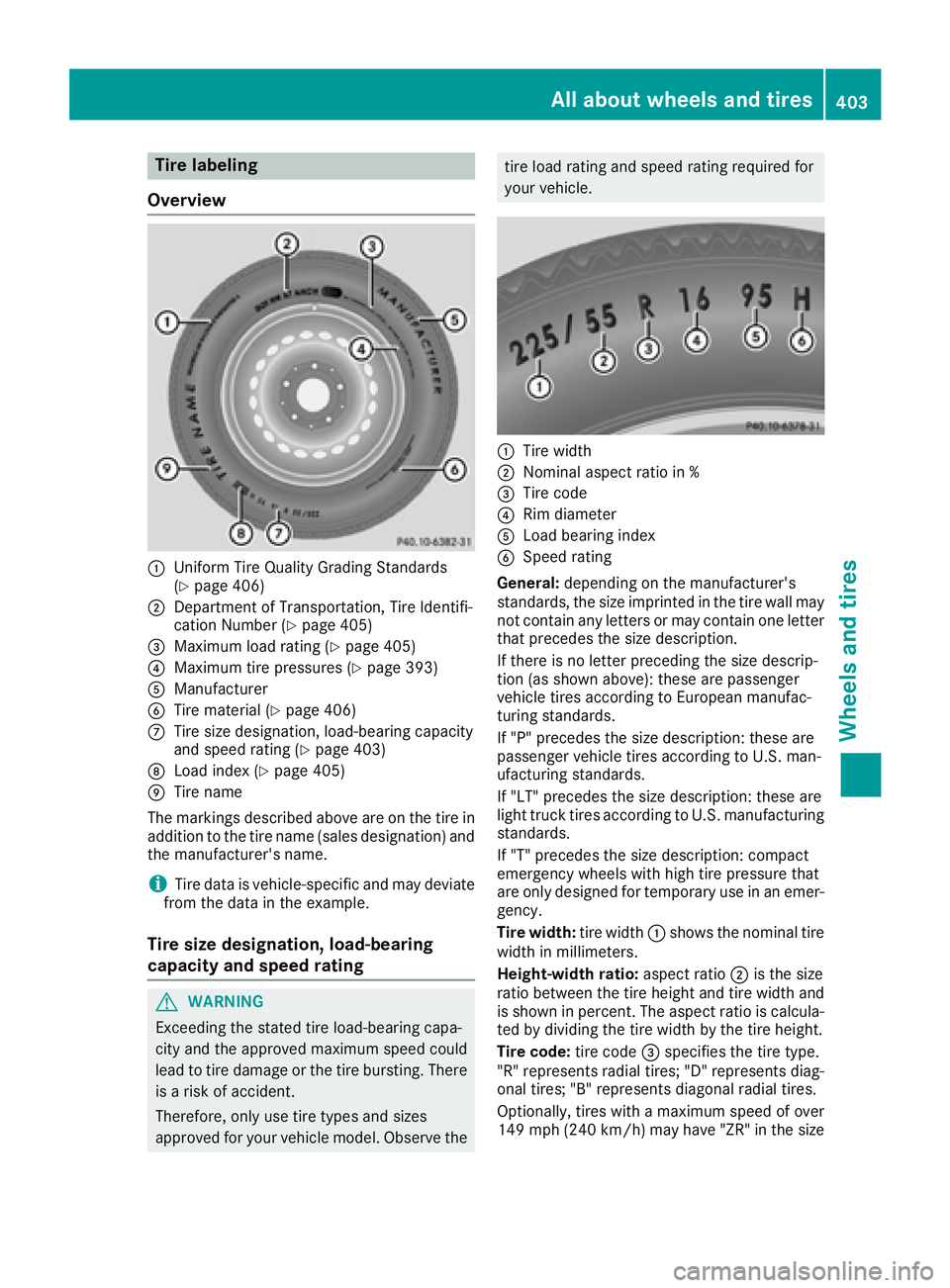 MERCEDES-BENZ GLE 2016  Owners Manual Tire labeling
Overview
�C
Uniform Tire Quality Grading Standards
( Y
page 406)�D
Department of Transportation, Tire Identifi-
cation Number ( Y
page 405)�
