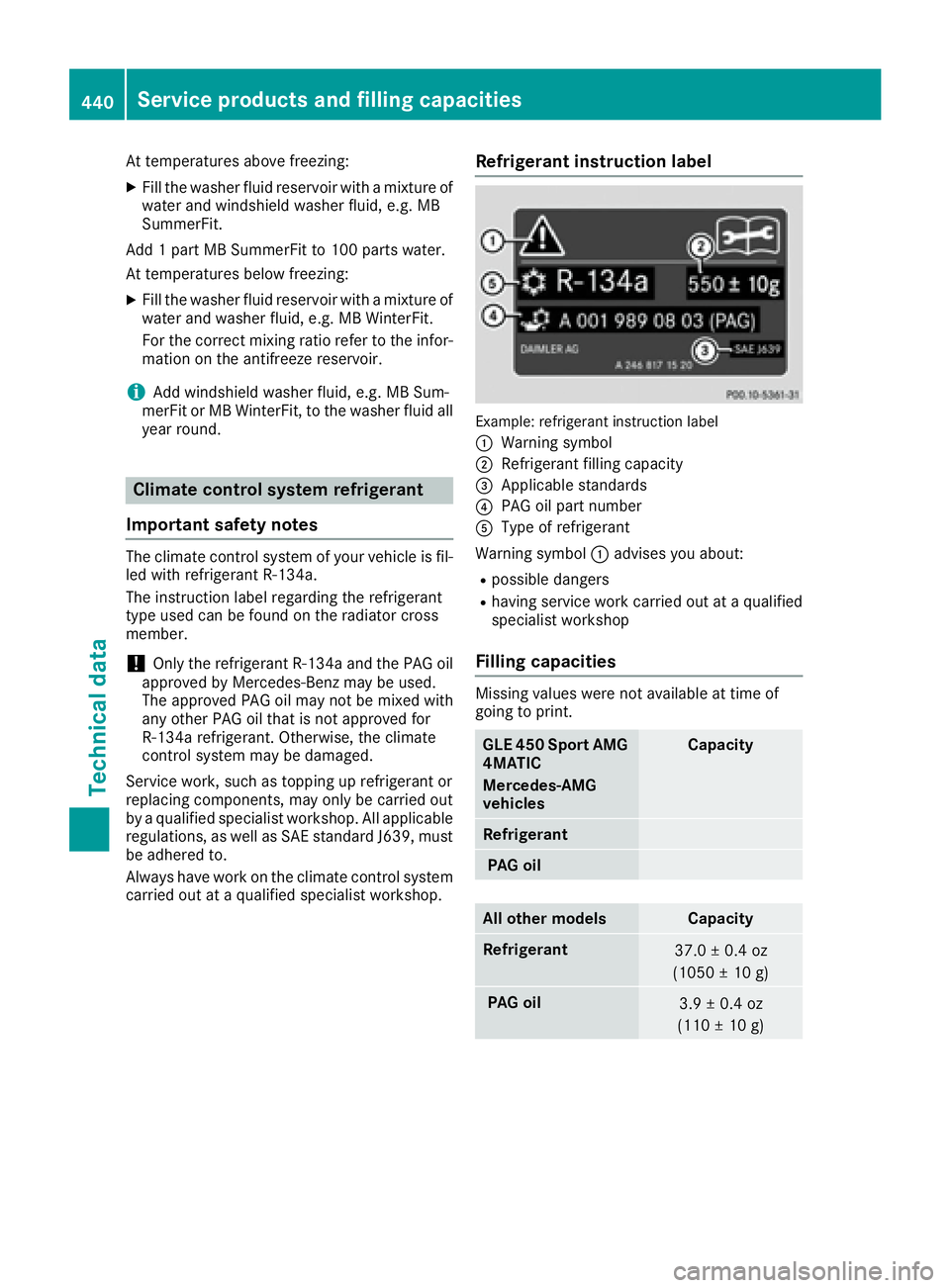 MERCEDES-BENZ GLE 2016 Owners Manual At temperatures above freezing: X
Fill the washer fluid reservoir with a mixture of
water and windshield washer fluid, e.g. MB
SummerFit.
Add 1 part MB SummerFit to 100 parts water.
At temperatures be MERCEDES-BENZ GLE 2016 Owners Manual At temperatures above freezing: X
Fill the washer fluid reservoir with a mixture of
water and windshield washer fluid, e.g. MB
SummerFit.
Add 1 part MB SummerFit to 100 parts water.
At temperatures be