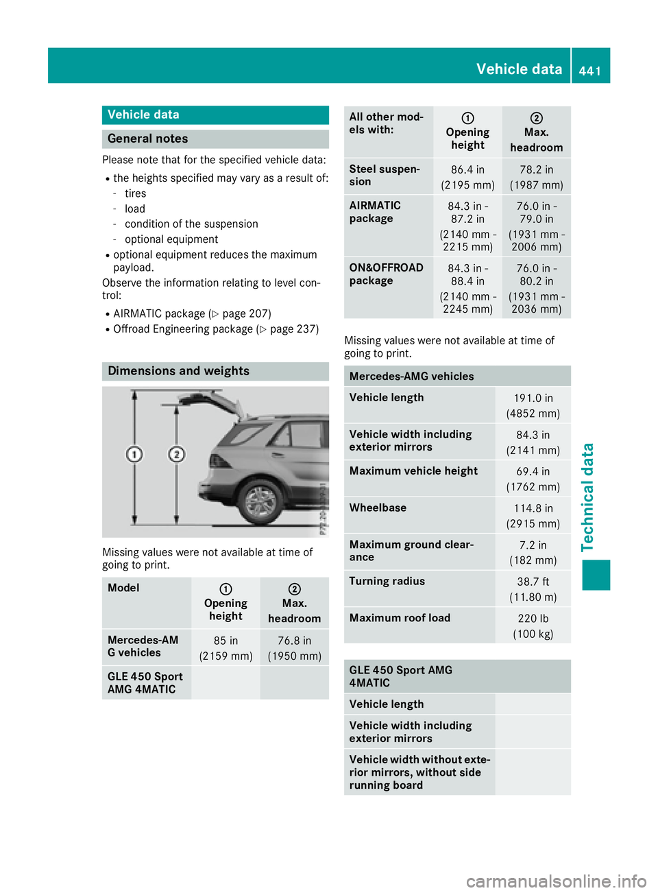 MERCEDES-BENZ GLE 2016 Owners Manual Vehicle data
General notes Please note that for the specified vehicle data: R
the heights specified may vary as a result of: -
tires -
load -
condition of the suspension -
optional equipment R
optiona MERCEDES-BENZ GLE 2016 Owners Manual Vehicle data
General notes Please note that for the specified vehicle data: R
the heights specified may vary as a result of: -
tires -
load -
condition of the suspension -
optional equipment R
optiona