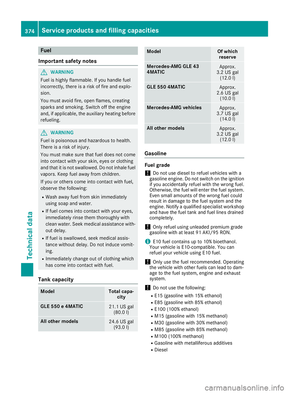 MERCEDES-BENZ GLE 2017  Owners Manual Fuel
Important safety notes
G WARNIN G
Fuel is highly flammable. If you handle fuel
incorrectly, there is a ris k of fir e and explo-
sion .
You must avoi d fire, open flames, creating
sparks and smok