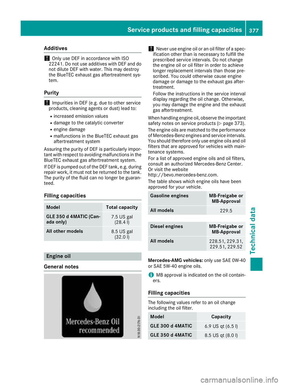 MERCEDES-BENZ GLE 2017  Owners Manual Additives
! Only use DE F in accordanc e wit h IS O
22241. Do no t use additive s wit h DE F and do
no t dilut e DE F wit h water. This may destroy
th e BlueTE C exhaust gas aftertreatmen t sys-
tem.
