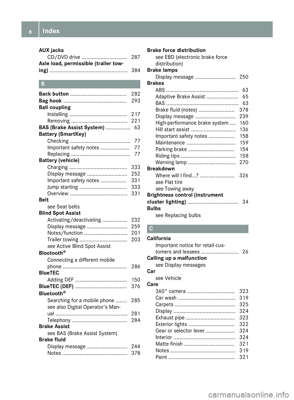MERCEDES-BENZ GLE 2017 Owners Manual AUX ja cks
CD/DVD driv e .............................. .2 87
Axle load, permissible (trailer tow-
ing) ...................................................... 384
BBack button ........................ MERCEDES-BENZ GLE 2017 Owners Manual AUX ja cks
CD/DVD driv e .............................. .2 87
Axle load, permissible (trailer tow-
ing) ...................................................... 384
BBack button ........................