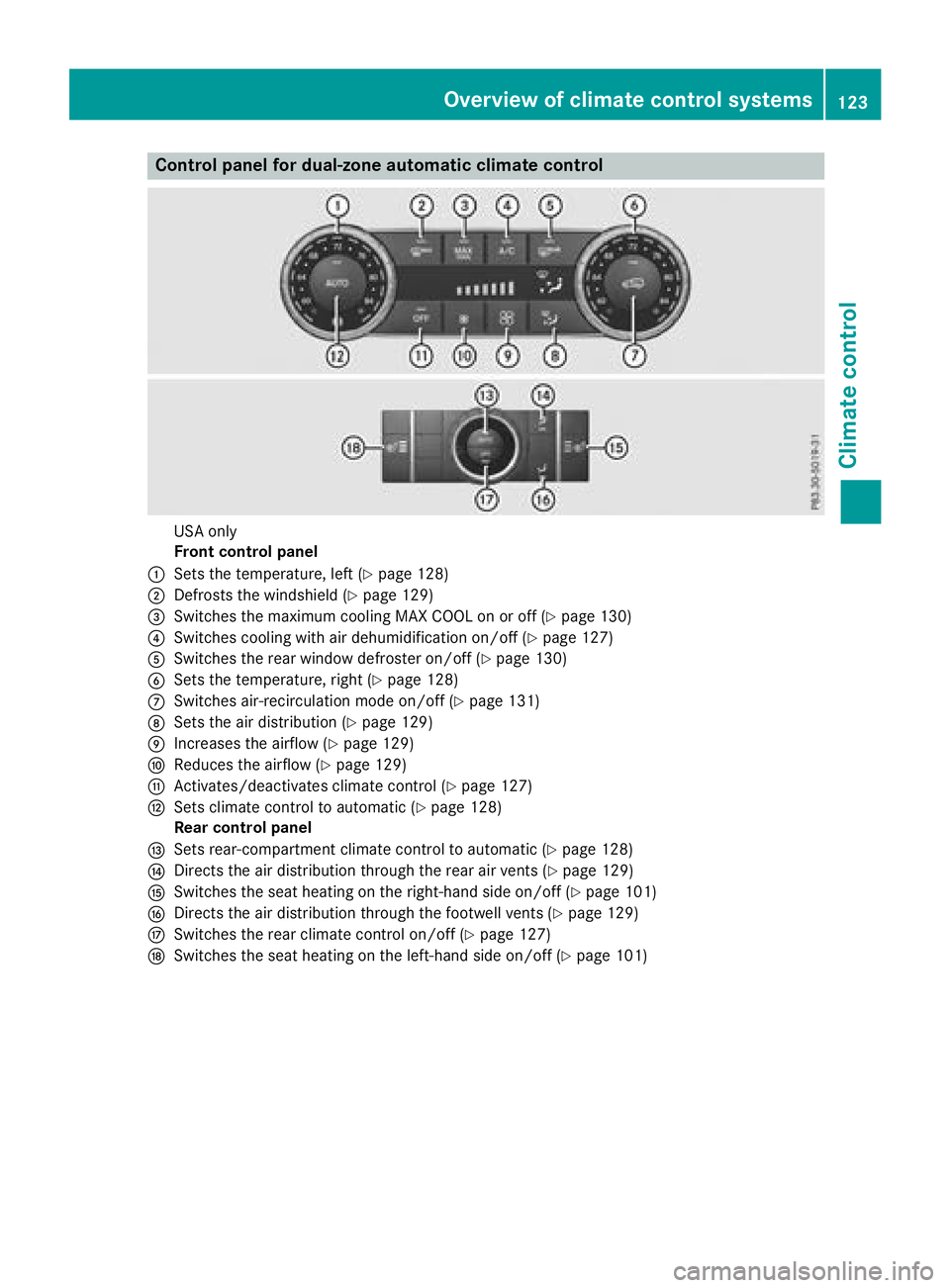 MERCEDES-BENZ GLE 2018  Owners Manual Control panel for dual-zone automatic climate control
USA only
Front control panel�C
Sets the temperature, left ( Y
page 128)�D
Defrosts the windshield ( Y
page 129)�