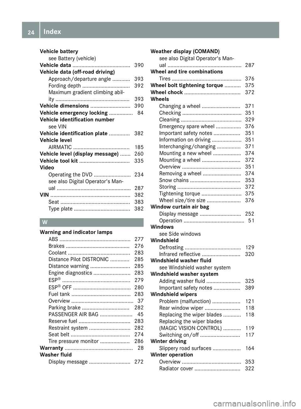 MERCEDES-BENZ GLE 2018  Owners Manual Vehicle battery
see Battery (vehicle)
Vehicle data ....................................... 390
Vehicle data (off-road driving)
Approach/departure angle ............ 393
Fording depth .................