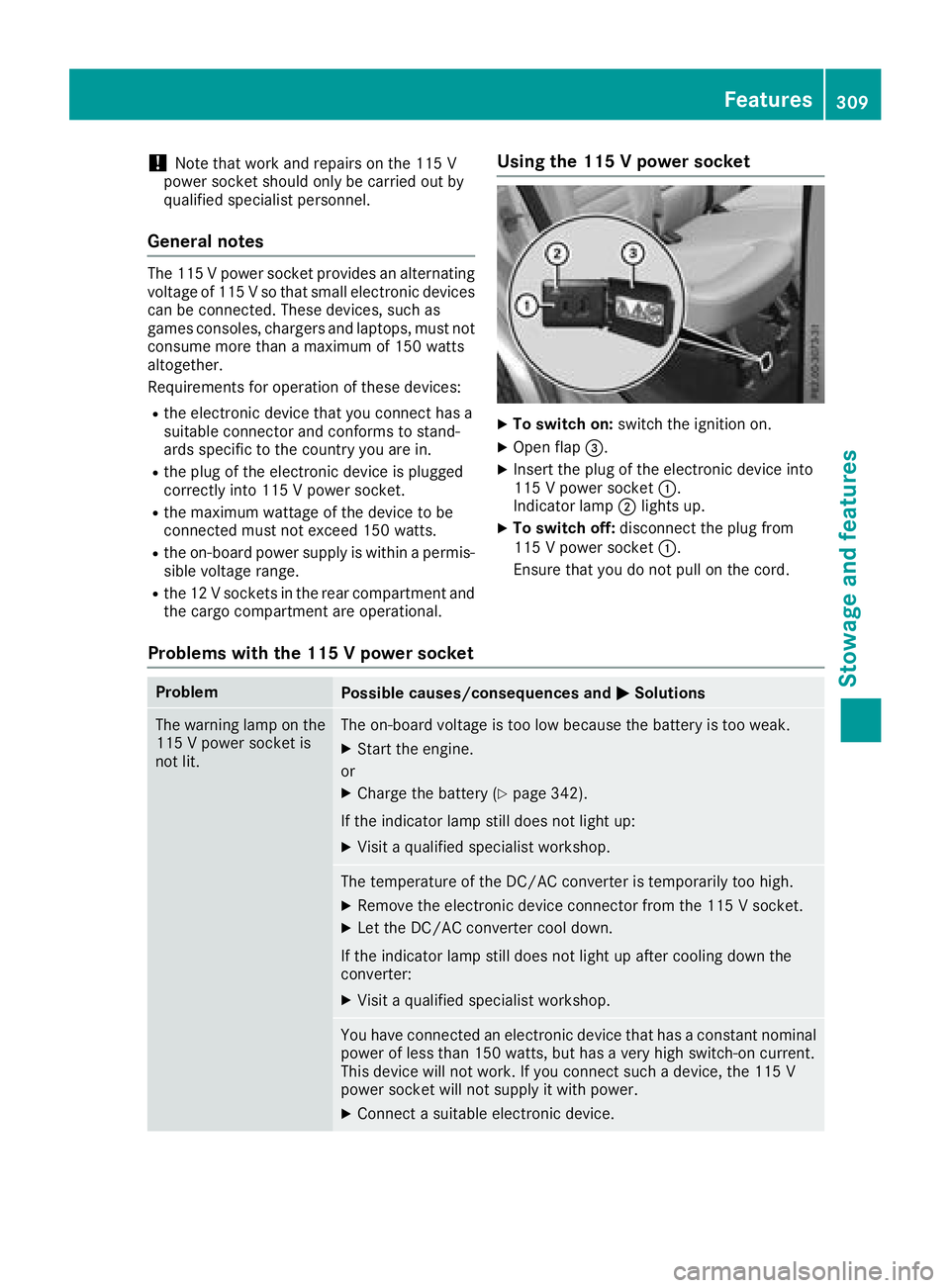 MERCEDES-BENZ GLE 2018  Owners Manual ! Note that work and repairs on the 115 V
power socket should only be carried out by
qualified specialist personnel.
General notes The 115 Vp ower socket provides an alternating
voltage of 115 V so th