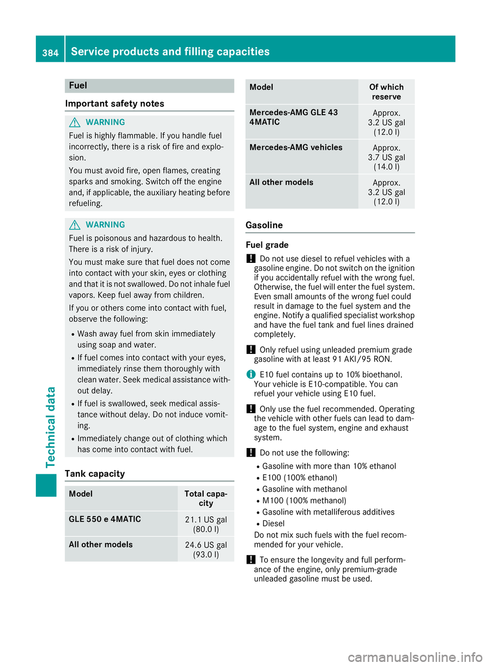 MERCEDES-BENZ GLE 2018  Owners Manual Fuel
Important safety notes
G WARNIN G
Fuel is highly flammable. If you handle fuel
incorrectly, there is a ris k of fir e and explo-
sion .
You must avoi d fire, open flames, creating
sparks and smok