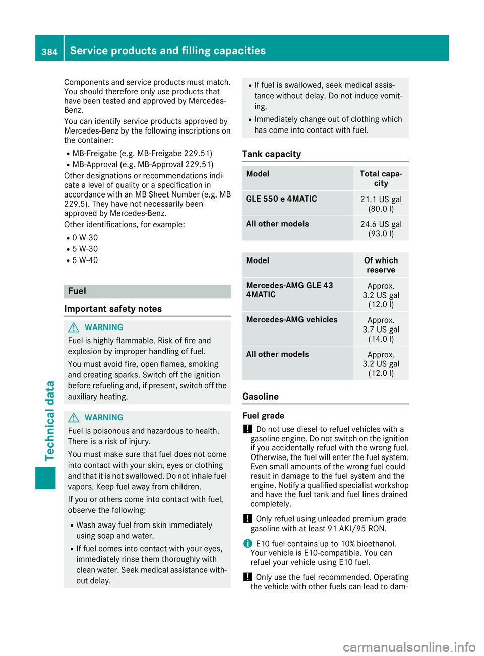MERCEDES-BENZ GLE 2019 Owners Manual Components and service products must match.
You should therefore only use products that
have been tested and approved by Mercedes-
Benz.
You can identify service products approved by
Mercedes-Benz by MERCEDES-BENZ GLE 2019 Owners Manual Components and service products must match.
You should therefore only use products that
have been tested and approved by Mercedes-
Benz.
You can identify service products approved by
Mercedes-Benz by