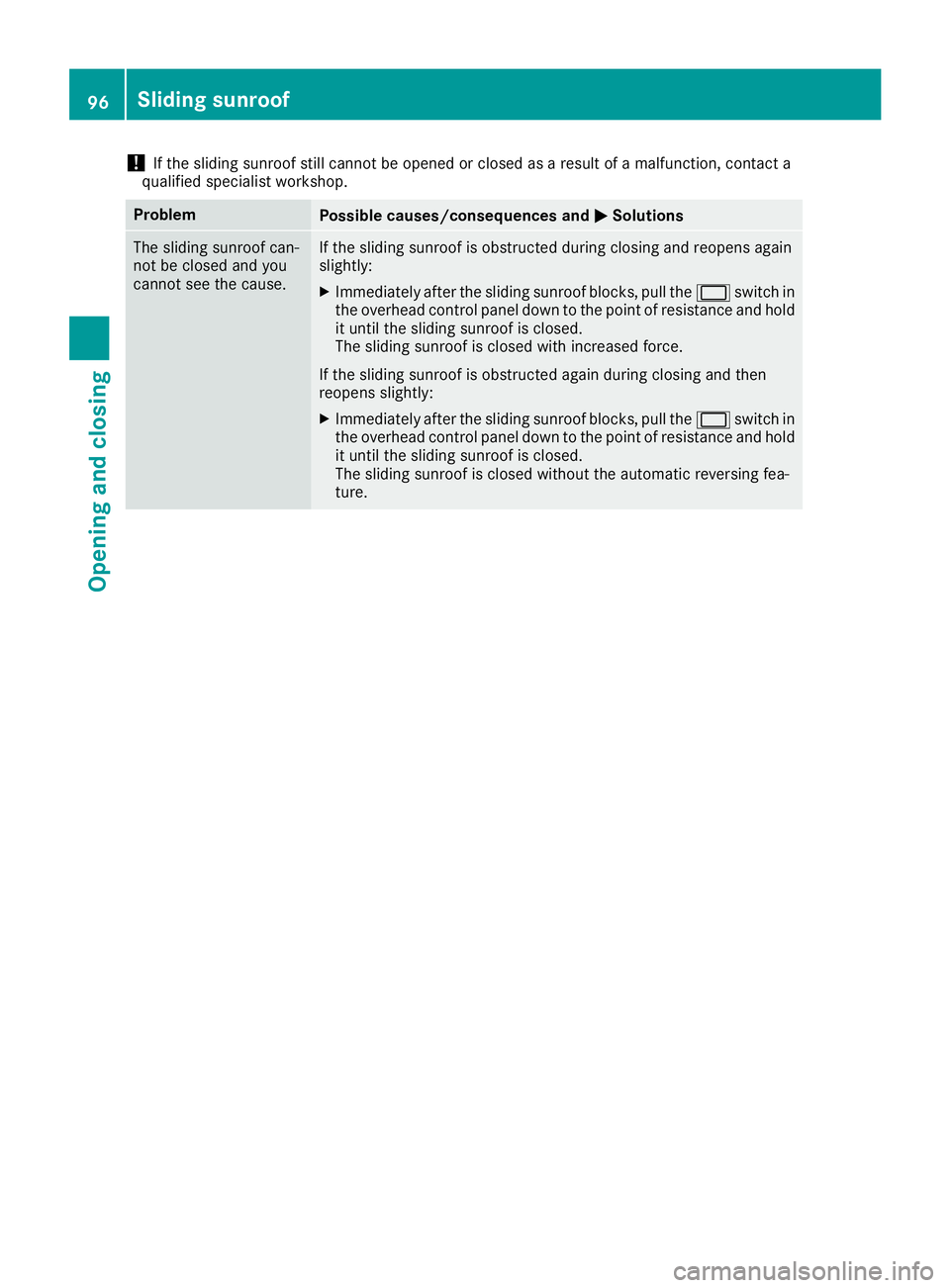 MERCEDES-BENZ GLE 2019 Owners Manual !
If the sliding sunroof still cannot be opened or closed as a result of a malfunction, contact a
qualified specialist workshop. Problem
Possible causes/consequences and
0050
0050Solutions The sliding MERCEDES-BENZ GLE 2019 Owners Manual !
If the sliding sunroof still cannot be opened or closed as a result of a malfunction, contact a
qualified specialist workshop. Problem
Possible causes/consequences and
0050
0050Solutions The sliding