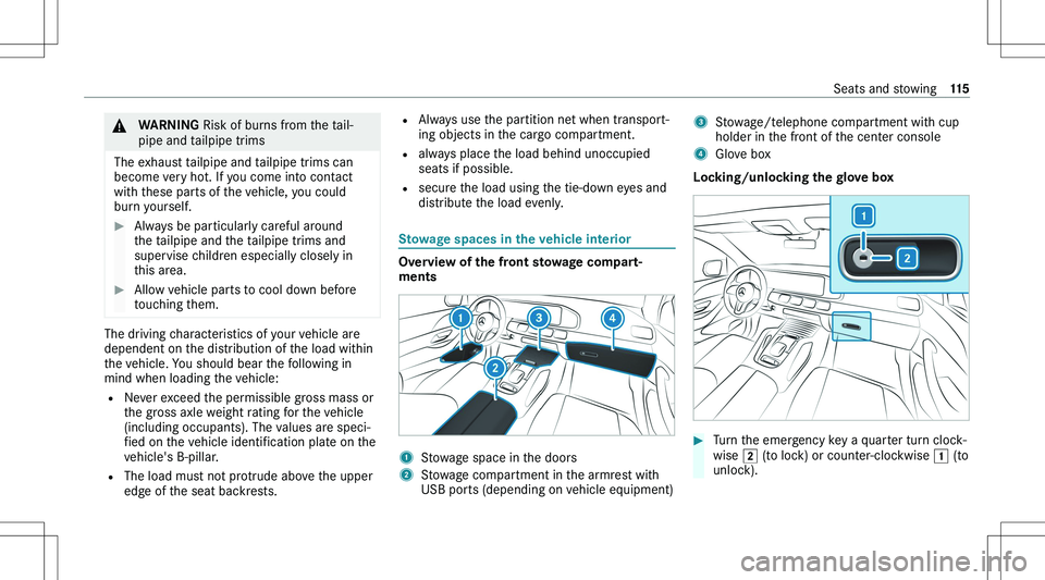 MERCEDES-BENZ GLE 2020  Owners Manual �&�W�A�R�N�I�N�G� �R�i�s�k� �o�f� �b�u�r�n�s� �f�r�o�m� �t�h�e� �t�a�i�l