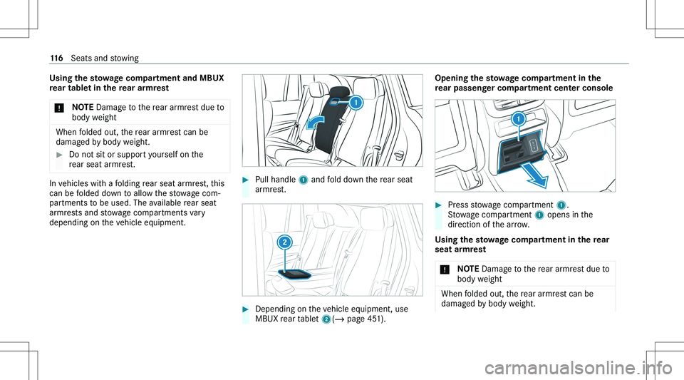 MERCEDES-BENZ GLE 2020  Owners Manual �U�s�i�n�g��t�h�e��s�t�o�w�a�g�e��c�o�m�p�a�r�t�m�e�n�t��a�n�d��M�B�U�X�r�e�a�r��t�a�b�l�e�t��i�n��t�h�e��r�e�a�r��a�r�m�r�e�s�t�*�N�O�T�E � �D�a�m�a�g�e� �t�o� �t�h�e� �r�e�a�r� �a�r�m�r�e�
