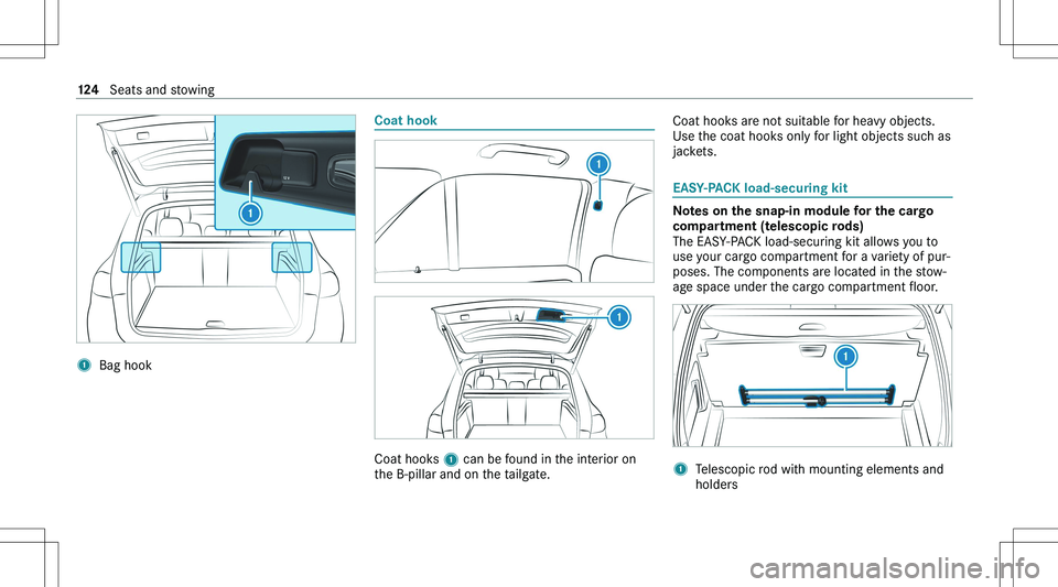 MERCEDES-BENZ GLE 2020  Owners Manual �1�B�a�g� �h�o�o�k�C�o�a�t��h�o�o�k
�C�o�a�t� �h�o�o�k�s� �1� �c�a�n� �b�e� �f�o�u�n�d� �i�n� �t�h�e� �i�n�t�e�r�i�o�r� �o�n
�t�h�e� �B�-�p�i�l�l�a�r� �a�n�d� �o�n� �t�h�e� �t�a�i�l�g�a�t�e�.
�C�o�a�